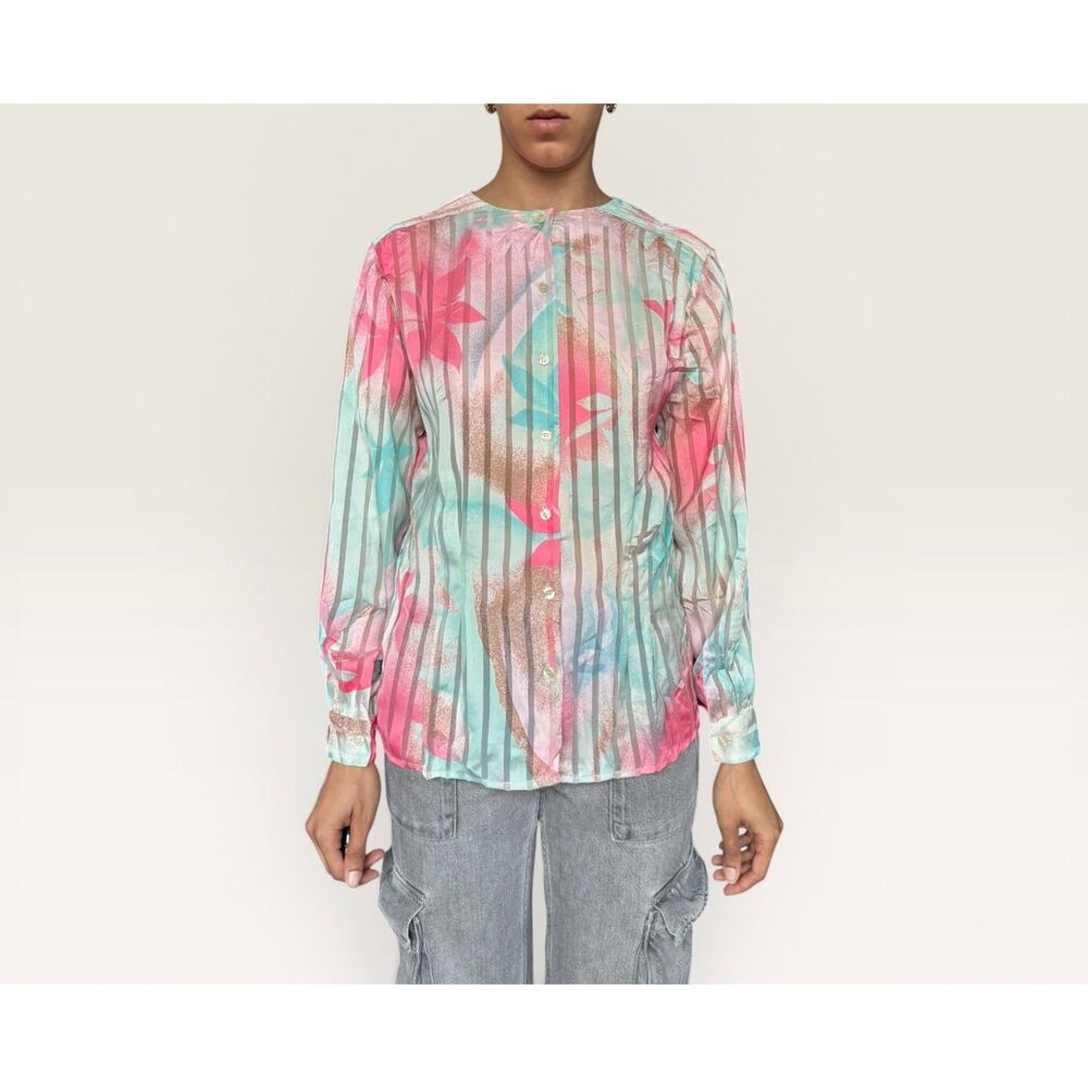 Tess Vintage 80s Abstract Floral Cinched Waist Button-Down Blouse Cottagecore